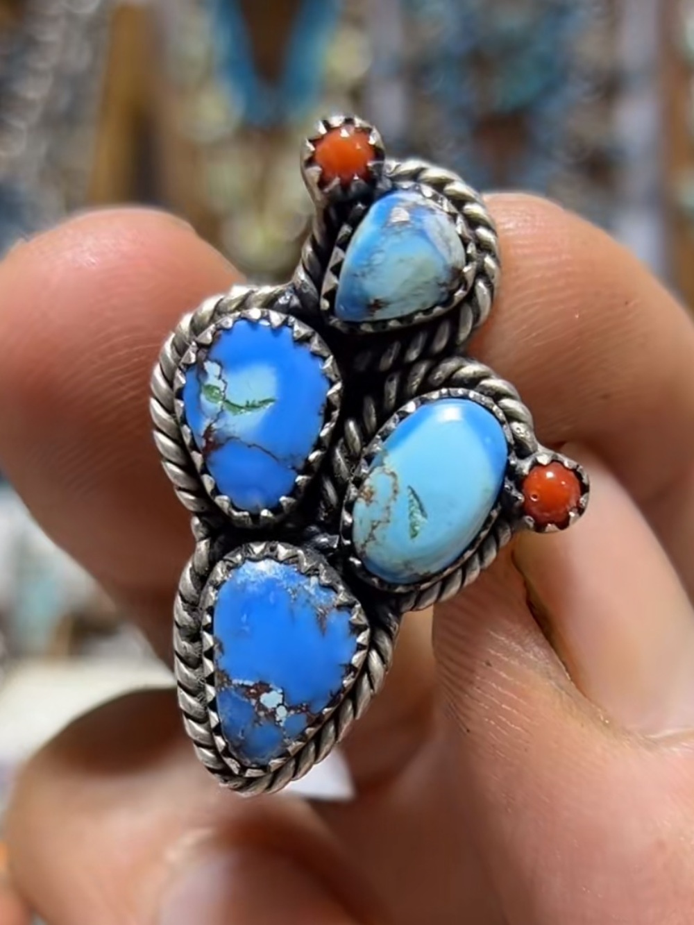 Golden Hill and Coral Cactus Sterling Silver Ring size 6